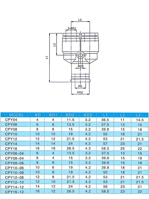 CPY series plastic Y-type 3-way pneumatic quick push-in connector, air tube one-touch fitting for pneumatic pipeline. CPY Y Tee Pneumatic Quick Fitting