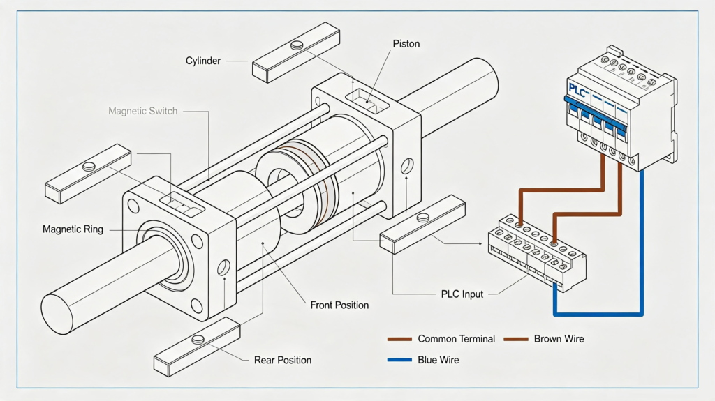 The cylinder is equipped with a magnetic switch for position feedback.