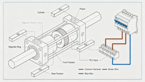 The cylinder is equipped with a magnetic switch for position feedback.